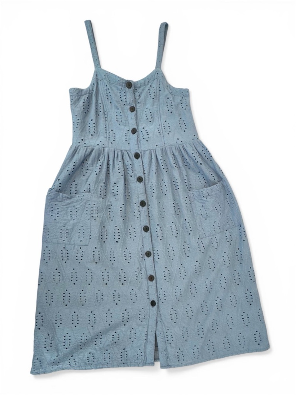 J Gee Light Blue Eyelet Cotton Sundress Petite Medium Button Front Pockets